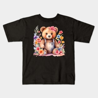 A teddy bear decorated with beautiful watercolor flowers Kids T-Shirt